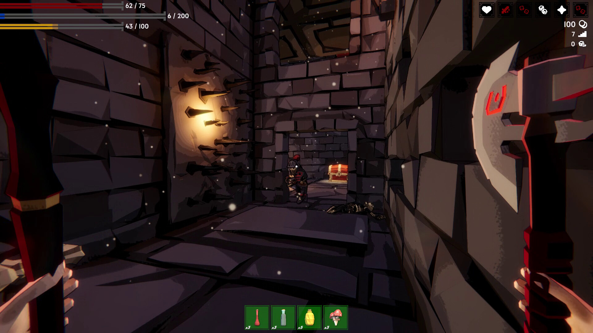A dungeon corridor with traps, a skeleton and a loot chest in Fell & Sell.