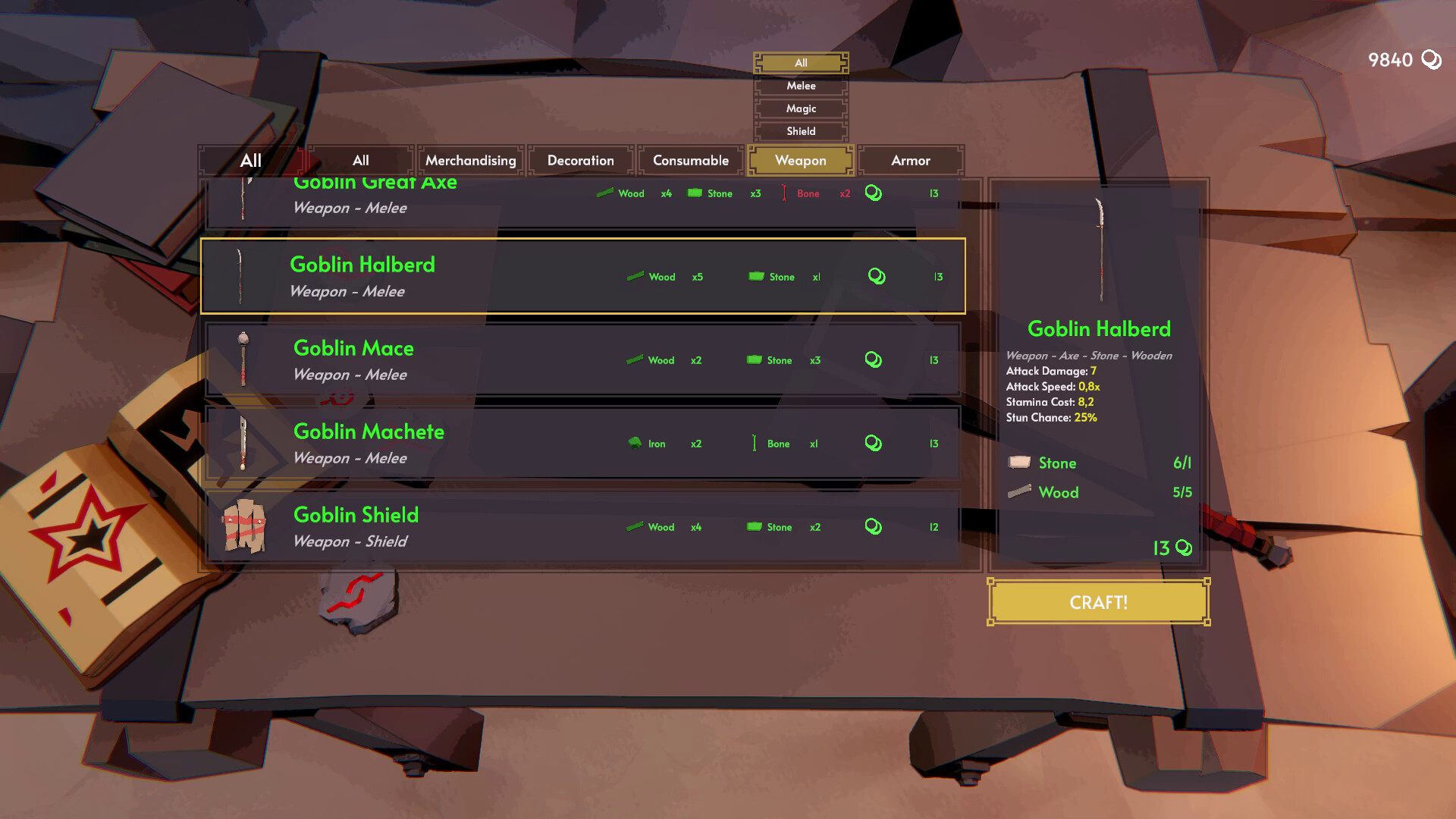 The Fell & Sell crafting screen displays weapon recipes and material requirements.